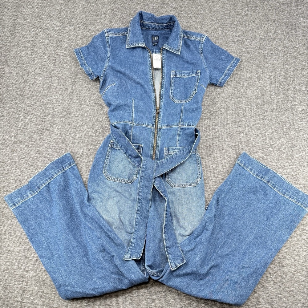Gap Belted Denim Jumpsuit Short Sleeve Half-Zip Wide Leg Medium Wash‎ Size 2 NWT